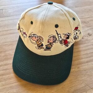 Vintage Peanuts Snoopy Baseball Cap White Green Brim Cartoon Embroidered